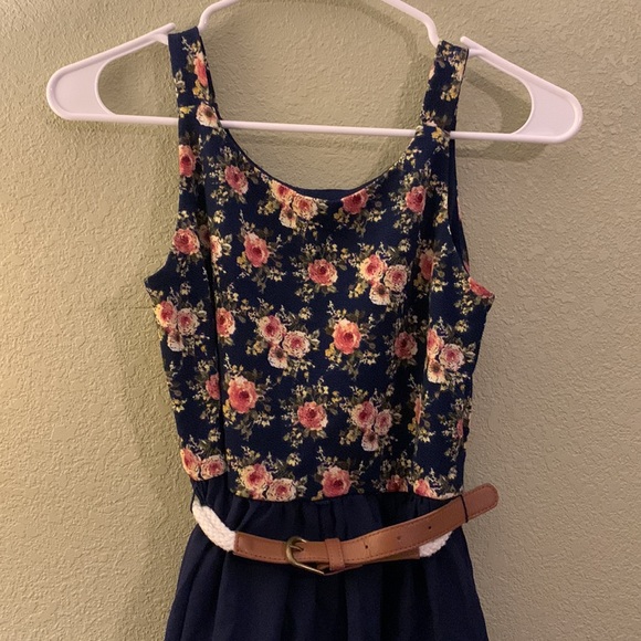 Girls , floral print/ navy blue dress - Picture 2 of 4